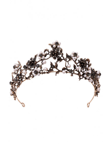 Tiara romantica Daphnaie, cu flori din cristale si perlute si frunze metalice