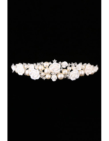 Coronita eleganta White Roses, trandafiri ceramici, cristale si perle