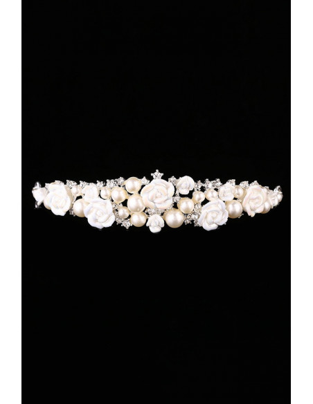 Coronita eleganta White Roses, trandafiri ceramici, cristale si perle