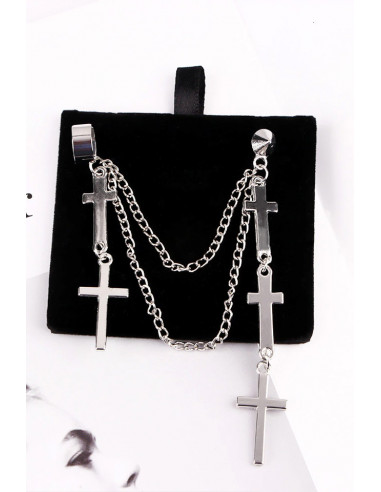Cercel tip ear cuff, model cu doua lanturi si cinci cruci mici