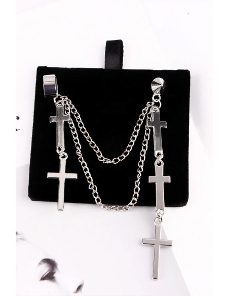 Cercel tip ear cuff, model cu doua lanturi si cinci cruci mici