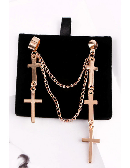 Cercel tip ear cuff, model cu doua lanturi si cinci cruci mici