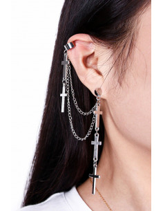 Cercel tip ear cuff, model cu doua lanturi si cinci cruci mici 2