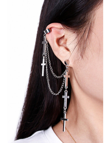 Cercel tip ear cuff, model cu doua lanturi si cinci cruci mici