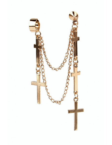 Cercel tip ear cuff, model cu doua lanturi si cinci cruci mici