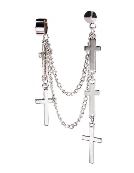 Cercel tip ear cuff, model cu doua lanturi si cinci cruci mici