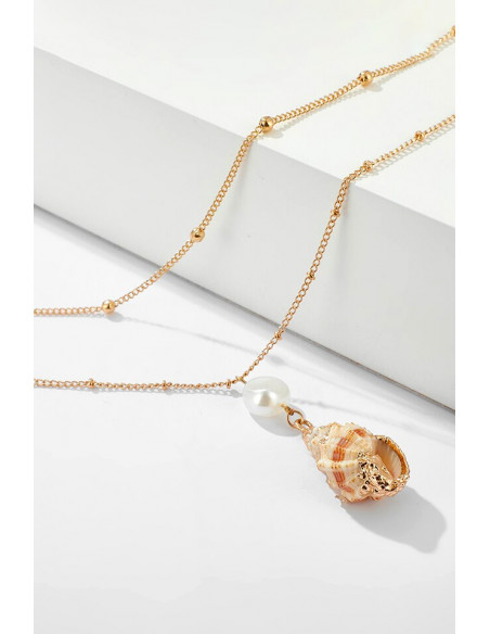 Colier multilayer cu doua lantisoare, melc natural pictat, perla si bilute