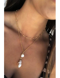 Colier multilayer cu doua lantisoare, melc natural pictat, perla si bilute 2