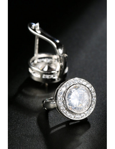 Cercei de mireasa eleganti, model rotund cu zirconii si cristal mare in centru