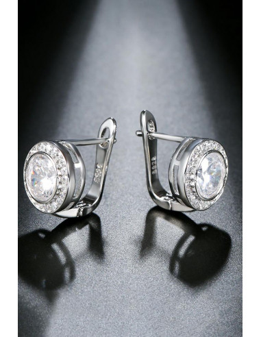 Cercei de mireasa eleganti, model rotund cu zirconii si cristal mare in centru