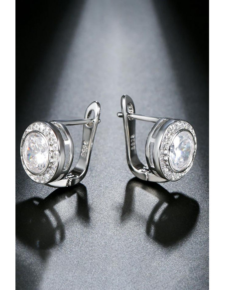 Cercei de mireasa eleganti, model rotund cu zirconii si cristal mare in centru