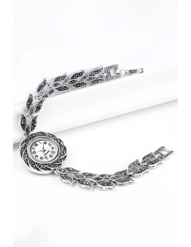 Ceas de mana de dama model vintage cu bratara cu lalele si hematite