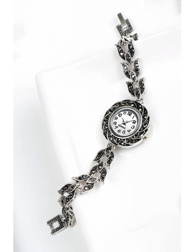 Ceas de mana de dama model vintage cu bratara cu lalele si hematite