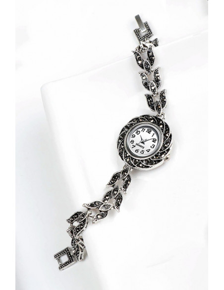 Ceas de mana de dama model vintage cu bratara cu lalele si hematite