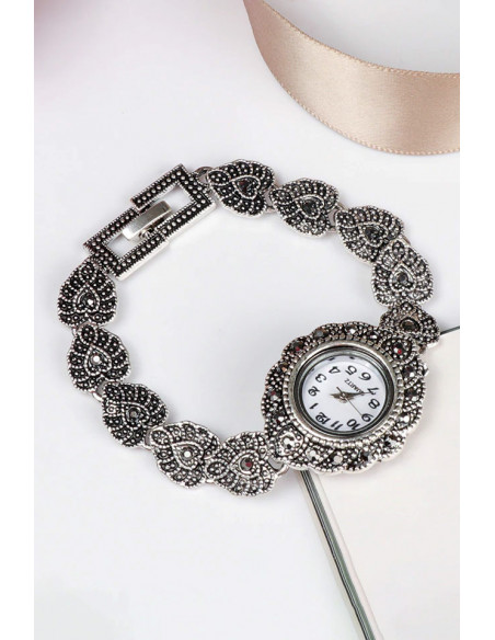 Ceas de mana de dama model vintage cu bratara cu frunze si hematite