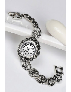 Ceas de mana de dama model vintage cu bratara cu frunze si hematite 2