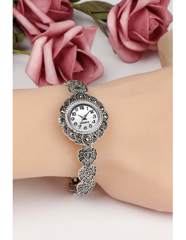 Ceas de mana de dama model vintage cu bratara cu frunze si hematite