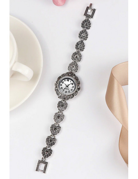 Ceas de mana de dama model vintage cu bratara cu frunze si hematite
