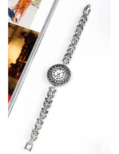 Ceas de mana de dama model vintage, bratara cu ramurele, cadran floare si hematite