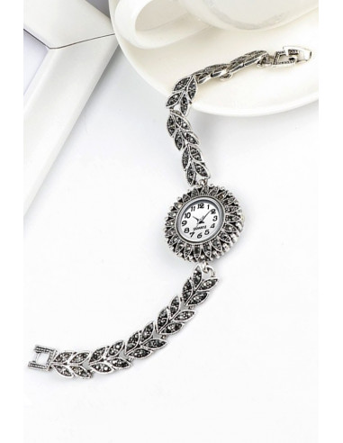 Ceas de mana de dama model vintage, bratara cu ramurele, cadran floare si hematite