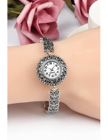 Ceas de mana de dama model vintage, bratara cu ramurele, cadran floare si hematite