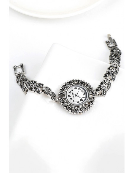 Ceas de mana de dama model vintage, bratara cu ramurele, cadran floare si hematite