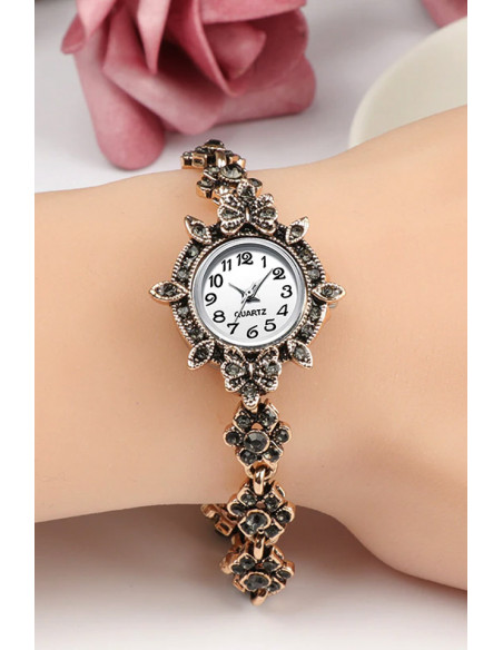 Ceas de mana de dama model vintage, bratara cu floricele si hematite
