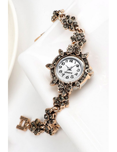 Ceas de mana de dama model vintage, bratara cu floricele si hematite