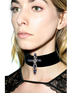 Colier choker din catifea, cu medalion cruce mare vintage, cu cristale 2