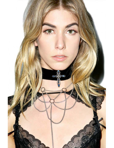 Colier choker din catifea, cu medalion cruce mare vintage, cu cristale