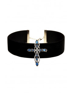 Colier choker din catifea, cu medalion cruce mare vintage, cu cristale