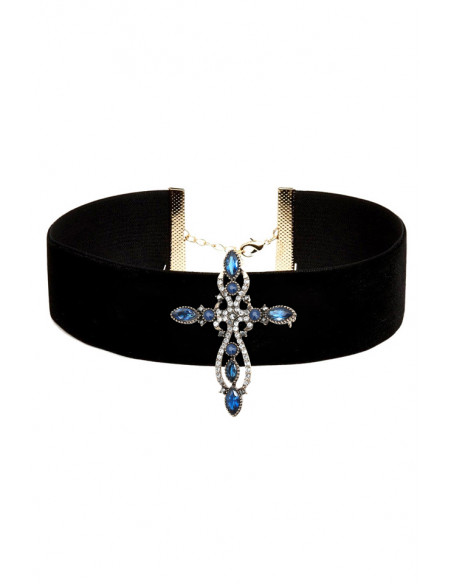 Colier choker din catifea, cu medalion cruce mare vintage, cu cristale