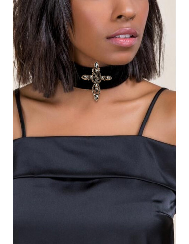 Colier choker din catifea, cu medalion cruce mare vintage, cu cristale