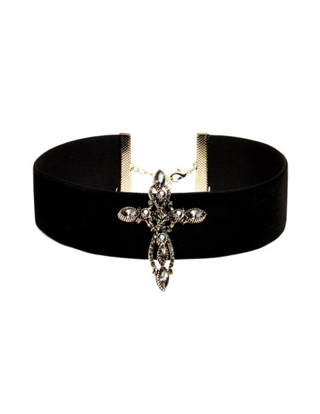 Colier choker din catifea, cu medalion cruce mare vintage, cu cristale