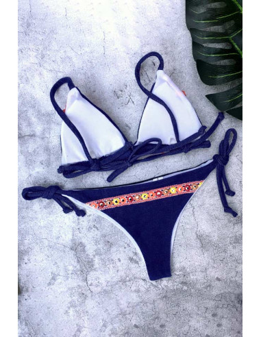 Costum de baie gipsy bleumarin, broderie si franjuri, talie joasa