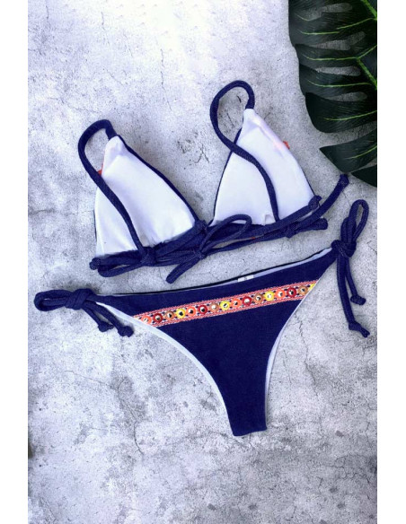 Costum de baie gipsy bleumarin, broderie si franjuri, talie joasa