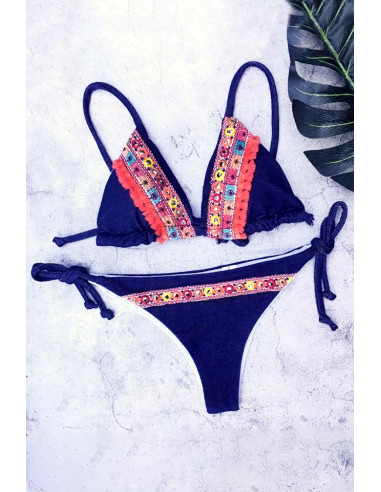 Costum de baie gipsy bleumarin, broderie si franjuri, talie joasa