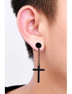 Cercel punk pentru o singura ureche, disc metalic cu lantisor si cruciulita