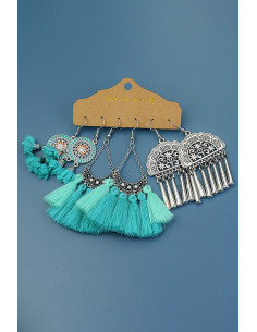 Set de 3 perechi de cercei boho, pictati, discuri si semiluni cu canafi si cristale 2