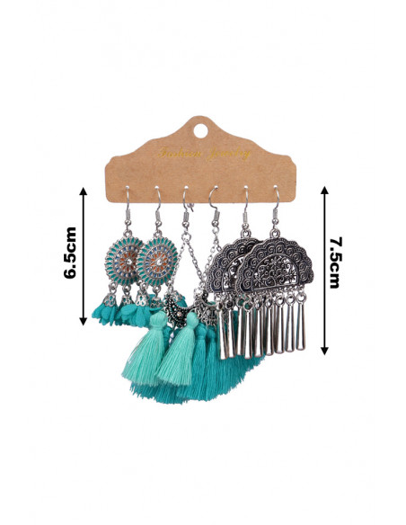 Set de 3 perechi de cercei boho, pictati, discuri si semiluni cu canafi si cristale