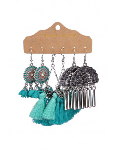 Set de 3 perechi de cercei boho, pictati, discuri si semiluni cu canafi si cristale