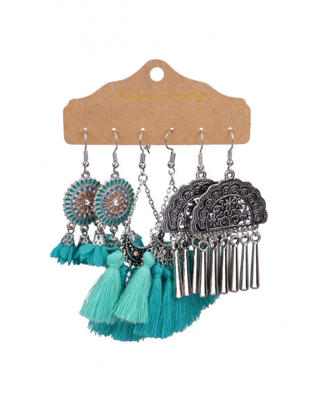Set de 3 perechi de cercei boho, pictati, discuri si semiluni cu canafi si cristale