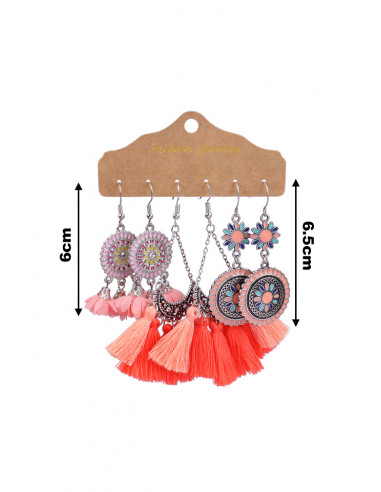 Set de 3 perechi de cercei pictati, discuri si semiluni cu canafi si floricele textile