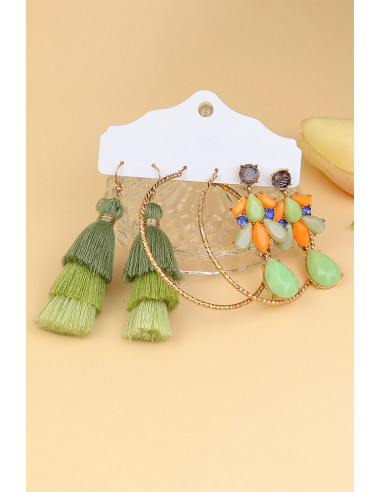 Set de 3 perechi de cercei eleganti, hula hoops, canafi si cristale
