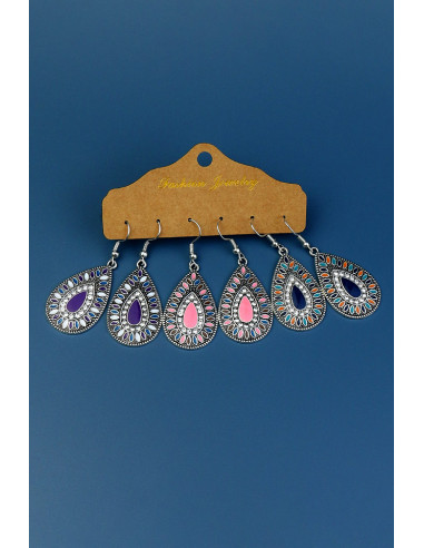 Set de 3 perechi de cercei boho, medalioane picatura in 3 combinatii de culori