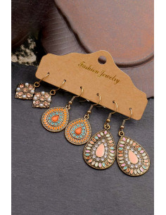 Set de 3 perechi de cercei boho, picaturi si romburi pictate cu email, perle si cristale 2
