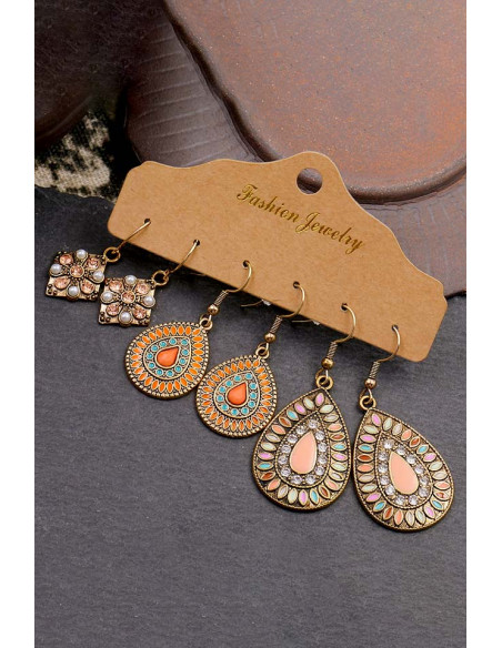 Set de 3 perechi de cercei boho, picaturi si romburi pictate cu email, perle si cristale