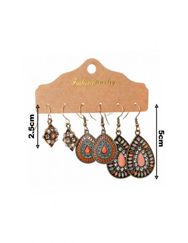 Set de 3 perechi de cercei boho, picaturi si romburi pictate cu email, perle si cristale
