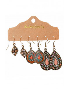 Set de 3 perechi de cercei boho, picaturi si romburi pictate cu email, perle si cristale