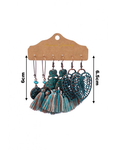 Set de 3 perechi de cercei boho, inimioare, frunze, discuri si canafi